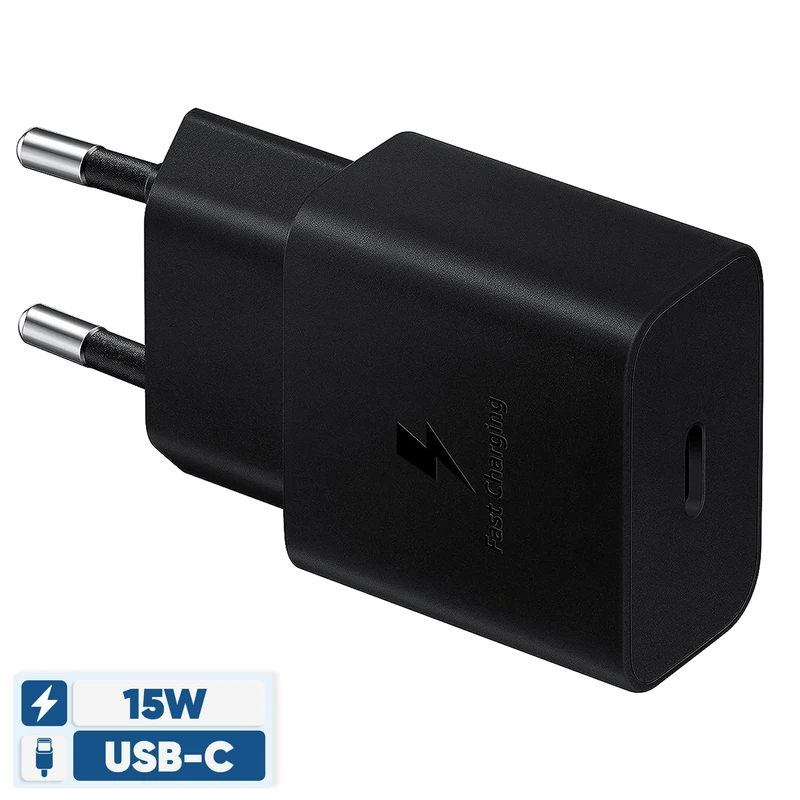 تصویر  شارژر دیواری 15 وات سامسونگ مدل EP-T1510NBEGEU با اتصال به پریز دوشاخه (استاندارد ایران) و تکنولوژی شارژ سریع USB PD 2.0، دارای یک عدد درگاه خروجی USB Type-C